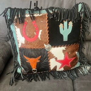 American West Multicolor Patchwork leather/suede Pillow with Fringe